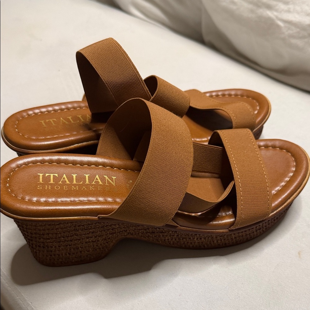Italian Shoemakers Brown Elastic Strap Wedge Sandals